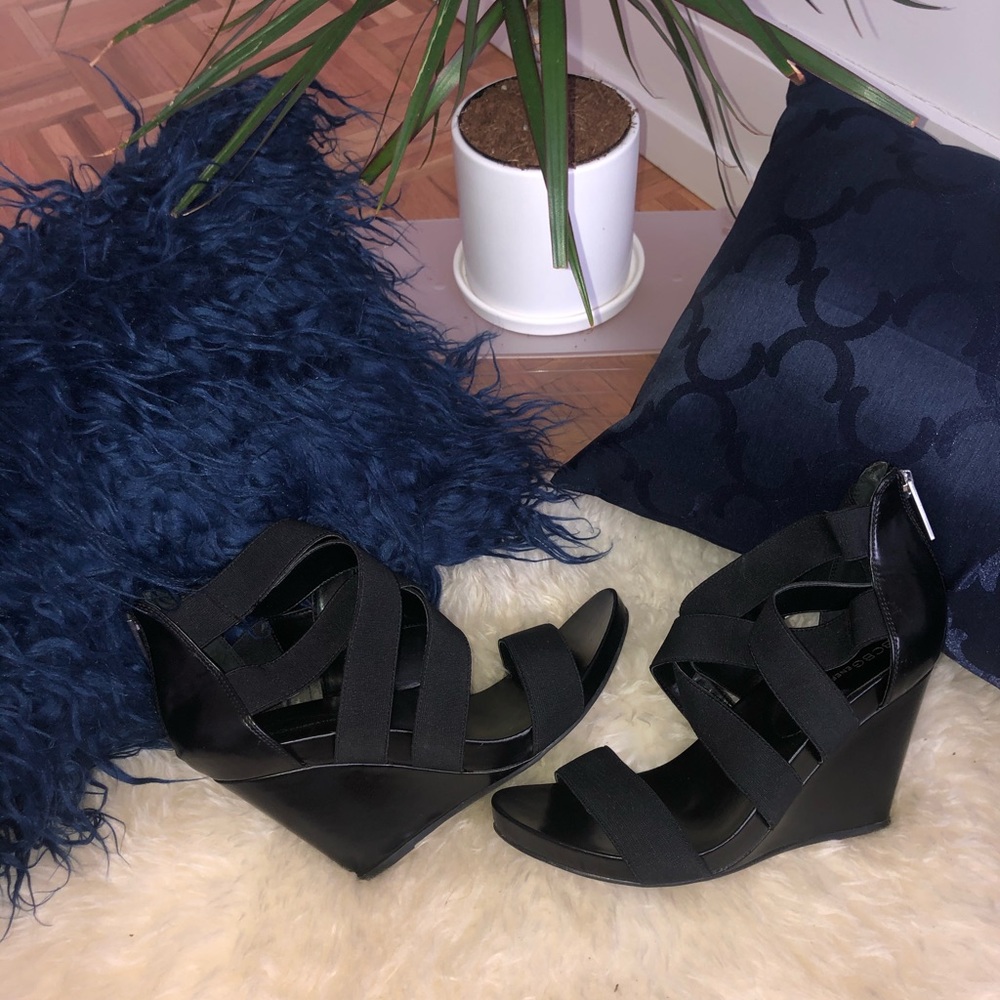 Black BCBG Generation strappy wedge sandals size 8